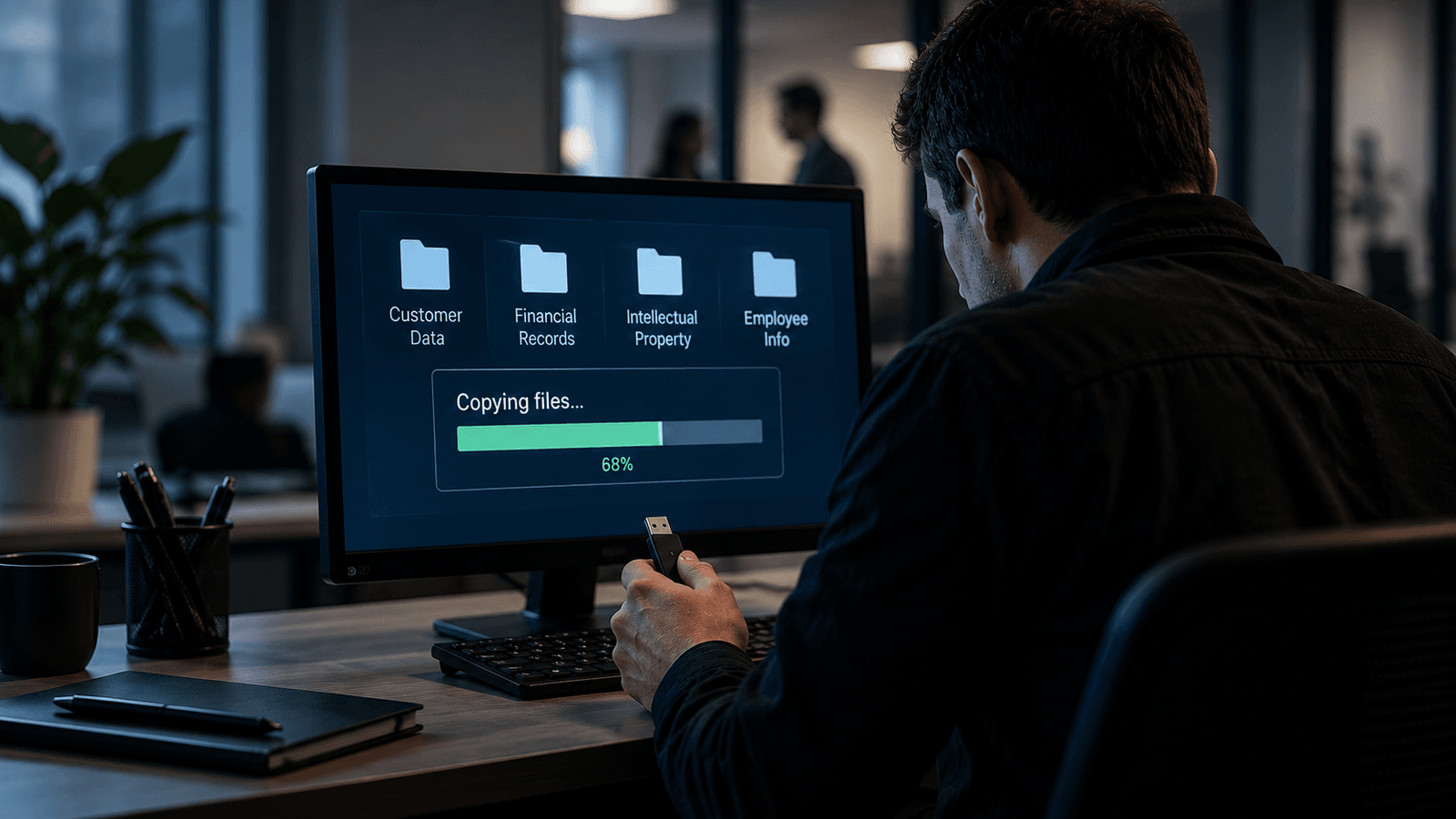 IT security professional reviewing data activity alerts on a laptop screen, representing insider threat and shadow AI monitoring.